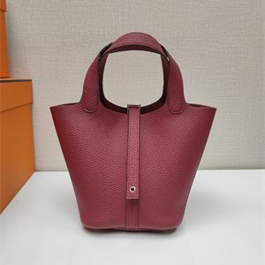 Picotin Lock Bag Togo Leather 18/22CM Gold/Silver Tone Metal In Burgundy Color HS