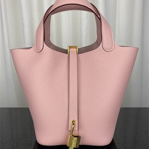 Picotin Lock Bag Taurillon Clemence Leather 18/22CM Gold/Silver Tone Metal In Rose Sakura Color HS