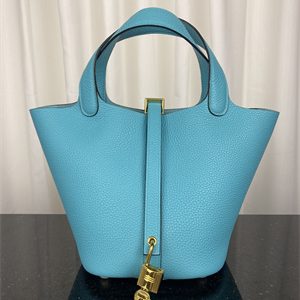 Picotin Lock Bag Taurillon Clemence Leather 18/22CM Gold/Silver Tone Metal In Bleu Du Nord Color HS