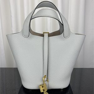 Picotin Lock Bag Taurillon Clemence Leather 18/22CM Gold/Silver Tone Metal In Bleu Glacier Color HS