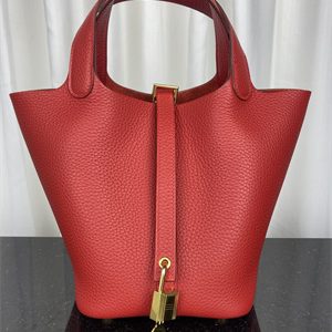 Picotin Lock Bag Taurillon Clemence Leather 18/22CM Gold/Silver Tone Metal In Red Color HS