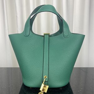 Picotin Lock Bag Taurillon Clemence Leather 18/22CM Gold/Silver Tone Metal In Malachite Color HS