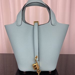 Picotin Lock Bag Taurillon Clemence Leather 18/22CM Gold/Silver Tone Metal In Blue Atoll Color HS