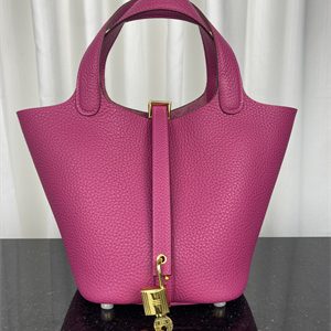 Picotin Lock Bag Taurillon Clemence Leather 18/22CM Gold/Silver Tone Metal In Rose Purple Color HS