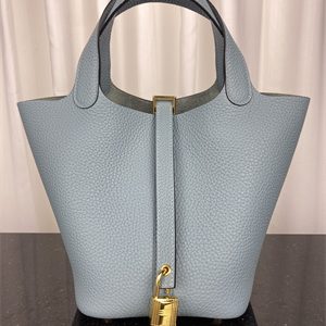 Picotin Lock Bag Taurillon Clemence Leather 18/22CM Gold/Silver Tone Metal In Azure Blue Color HS
