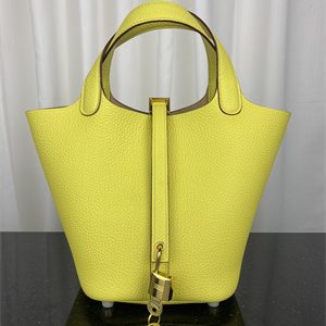Picotin Lock Bag Taurillon Clemence Leather 18/22CM Gold/Silver Tone Metal In Jaune Poussin Color HS