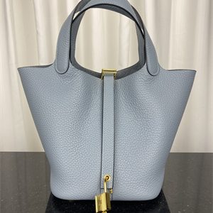Picotin Lock Bag Taurillon Clemence Leather 18/22CM Gold/Silver Tone Metal In Bleu Lin Color HS