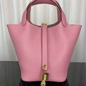 Picotin Lock Bag Taurillon Clemence Leather 18/22CM Gold/Silver Tone Metal In Pink Color HS