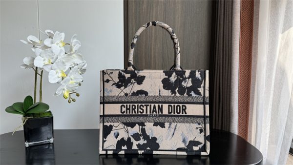 CD Medium Book Tote Beige and Black Fleurs Mystiques Embroidery
