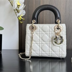 CD Mini Lady Dior Bag Two Tones Cannage Lambskin Gold Tone Metal Latte and Black