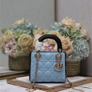 CD Mini Lady Dior Bag Two Tones Cannage Lambskin Gold Tone Metal Blue and Black