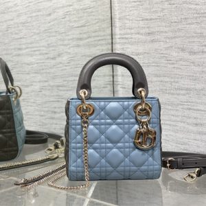 CD Mini Lady Dior Bag Two Tones Cannage Lambskin Gold Tone Metal Blue and Grey