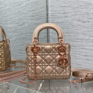 CD Mini Lady Dior Bag Cannage Lambskin Iridescent Metallic Gold Tone