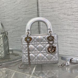CD Mini Lady Dior Bag Cannage Lambskin Iridescent Metallic Silver Tone