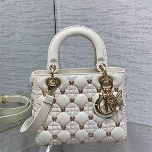CD Small Lady Di.or Bag Cannage Lambskin With Gold Finish Butterfly Studs White