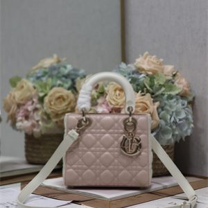CD Small Lady Di.or Bag Two Tones Cannage Lambskin Gold Tone Metal Pink and Latte