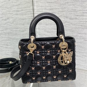CD Small Lady Di.or Bag Cannage Lambskin With Gold Finish Butterfly Studs Black