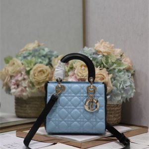 CD Small Lady Di.or Bag Two Tones Cannage Lambskin Gold Tone Metal Blue and Black