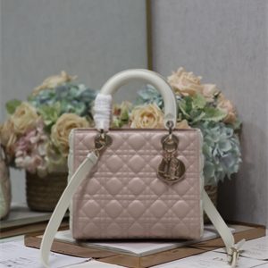 CD Medium Lady Di.or Bag Two Tones Cannage Lambskin Gold Tone Metal Pink and Latte