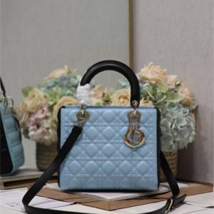 CD Medium Lady Di.or Bag Two Tones Cannage Lambskin Gold Tone Metal Blue and Black
