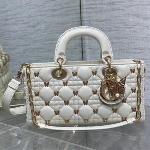 CD Medium Lady D-Joy Bag Cannage Lambskin With Golden Butterfly Gold Tone Metal White