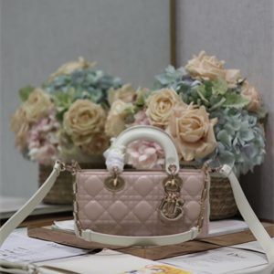CD Small Lady D-Joy Bag Two Tones Cannage Lambskin Gold Tone Metal Pink and Latte