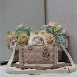 CD Medium Lady D-Joy Bag Two Tones Cannage Lambskin Gold Tone Metal Pink and Latte