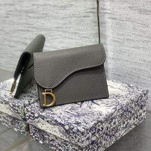 CD Saddle Card Holder Grained Calfskin Grey