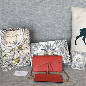 CD Long Saddle Wallet With Chain Grained Calfskin Orange Red