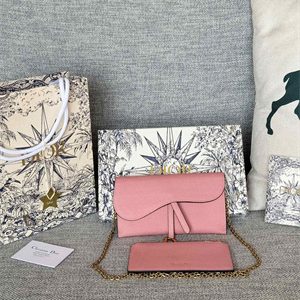 CD Long Saddle Wallet With Chain Grained Calfskin Pink