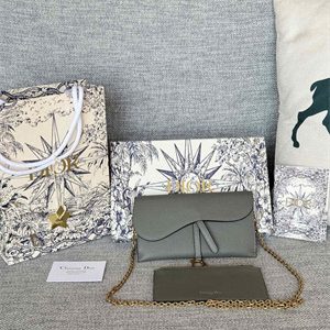 CD Long Saddle Wallet With Chain Grained Calfskin Grey