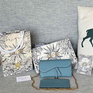 CD Long Saddle Wallet With Chain Grained Calfskin Blue