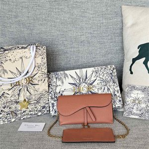 CD Long Saddle Wallet With Chain Grained Calfskin Brown