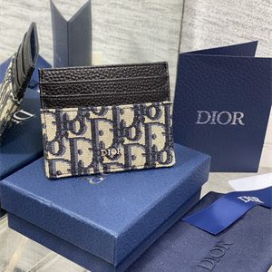 CD  Card Holder Black Grained Calfskin and Blue Dior Oblique Jacquard