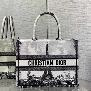 CD Medium Book Tote White and Black Paris Embroidery