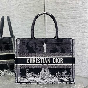 CD Medium Book Tote Black and White Paris Embroidery
