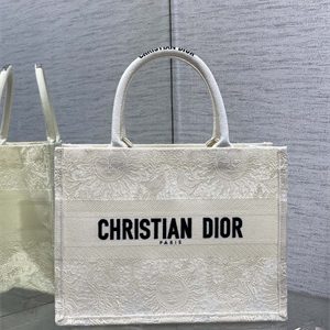 CD Medium Book Tote White Toile de Jouy Soleil Macram?? Embroidery