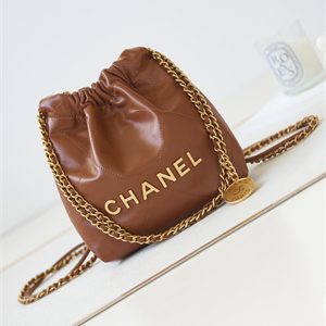 Cha.nel 22 Mini Handbag Shiny Calfskin Gold Tone Metal Tan AS3980