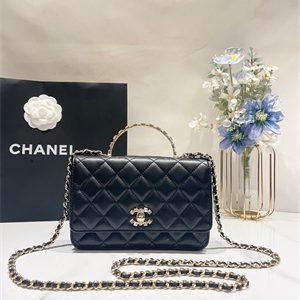 Cha.nel Wallet On Chain Rhinestone Lambskin Gold-Tone Metal Black AP3796