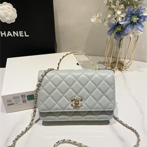 Cha.nel Wallet On Chain Rhinestone Lambskin Gold-Tone Metal Grey Blue AP3796