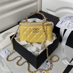 Cha.nel Vanity Case Top Handle With Chain Shiny Crumpled Lambskin, Imitation Pearls & Gold-Tone Metal Yellow AP3804