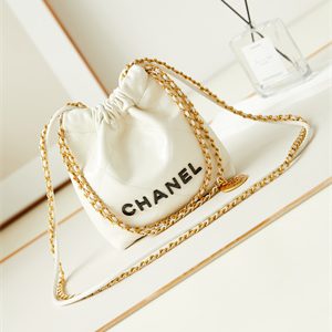 Cha.nel 22 Mini Handbag Shiny Calfskin Gold Tone Metal White With Black Letters AS3980