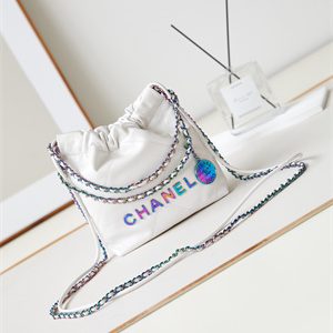 Cha.nel 22 Mini Handbag Shiny Calfskin Rainbow Metal White AS3980