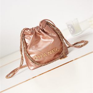 Cha.nel 22 Mini Handbag Shiny Calfskin Gold Tone Metal Copper AS3980
