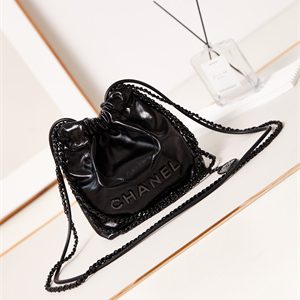 Cha.nel 22 Mini Handbag Shiny Calfskin Black Tone Metal Black AS3980