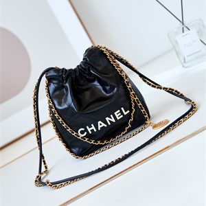 Cha.nel 22 Mini Handbag Shiny Calfskin Gold Tone Metal Black With White Letters AS3980