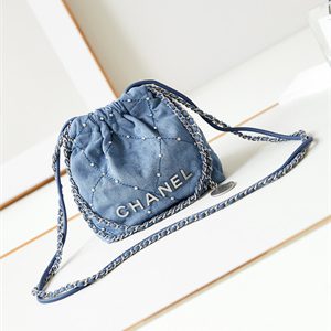 Cha.nel 22 Mini Handbag Washed Denim Silver-Tone Metal Blue AS3980