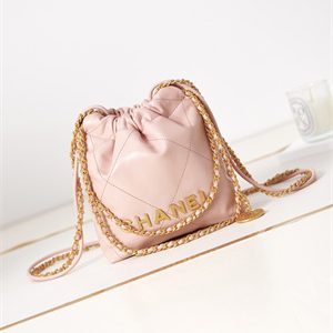 Cha.nel 22 Mini Handbag Shiny Calfskin Gold Tone Metal Lt Pink AS3980