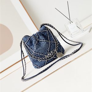 Cha.nel 22 Mini Handbag Stitched Denim Silver Tone Metal Blue AS3980
