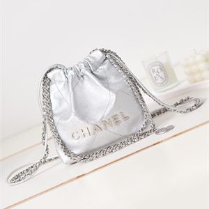 Cha.nel 22 Mini Handbag Metallic Shaded Calfskin Silver Tone Metal  AS3980